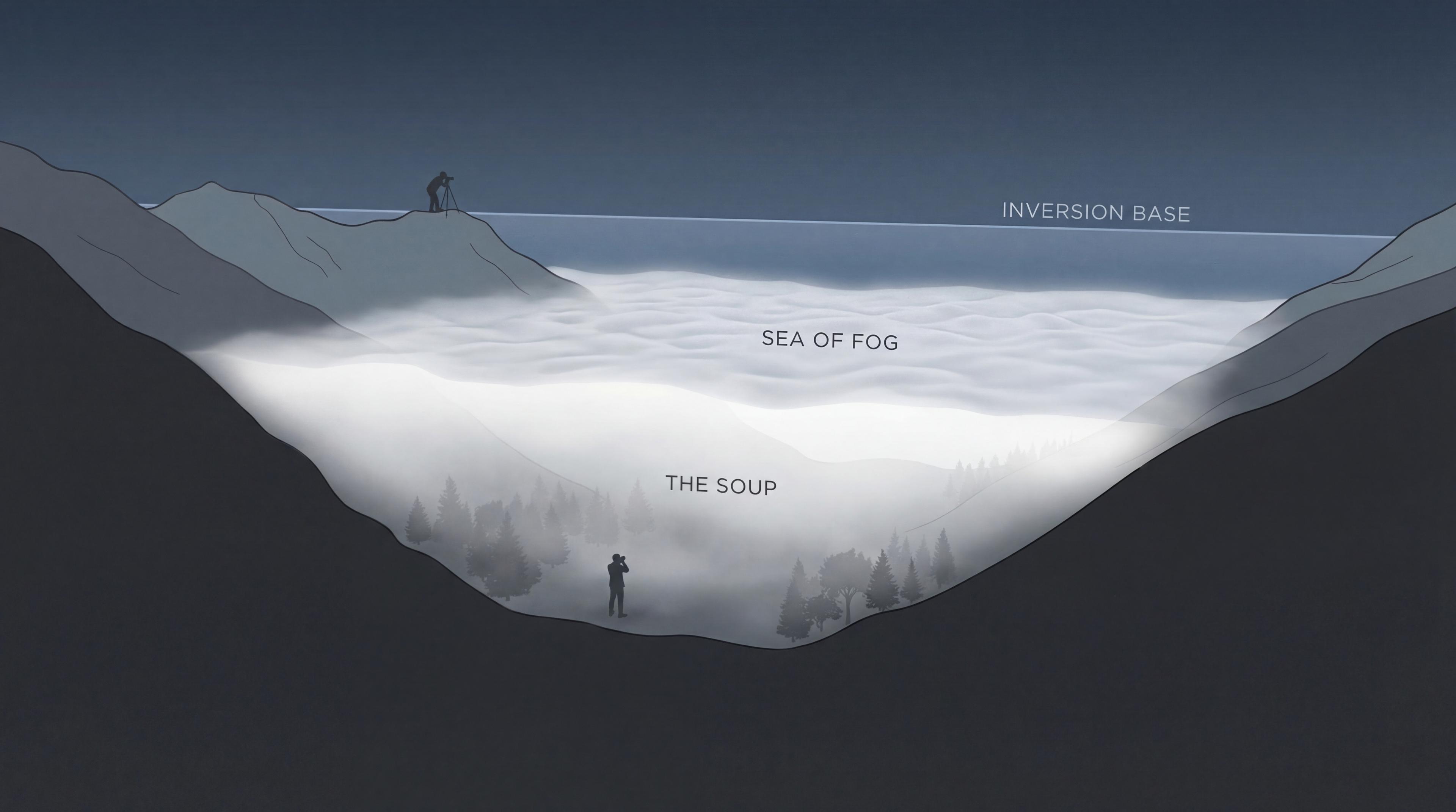Diagram of a valley fog layer capped by an inversion, with a photographer on higher terrain.