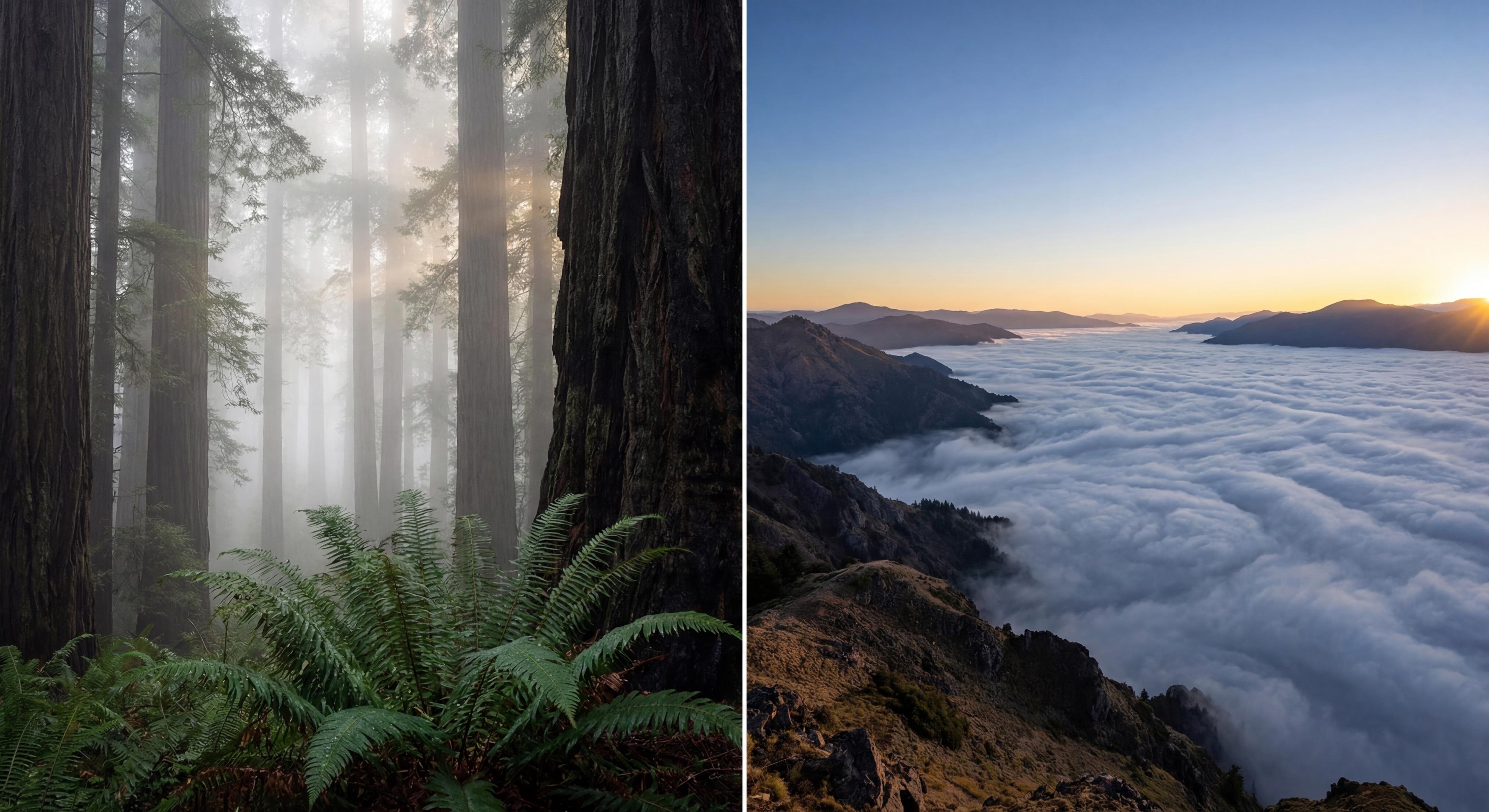 A vertical split scene with dense valley fog below and golden mountain light above.