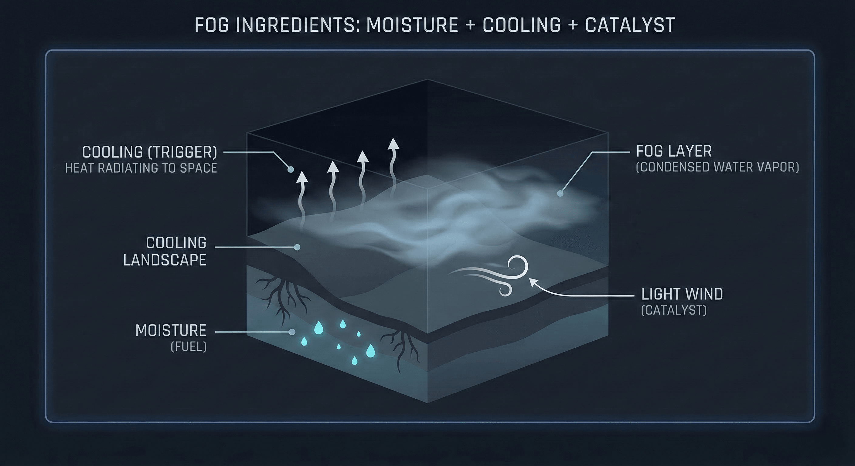 Illustration of the three ingredients for fog: Moisture, Cooling, and Calm.
