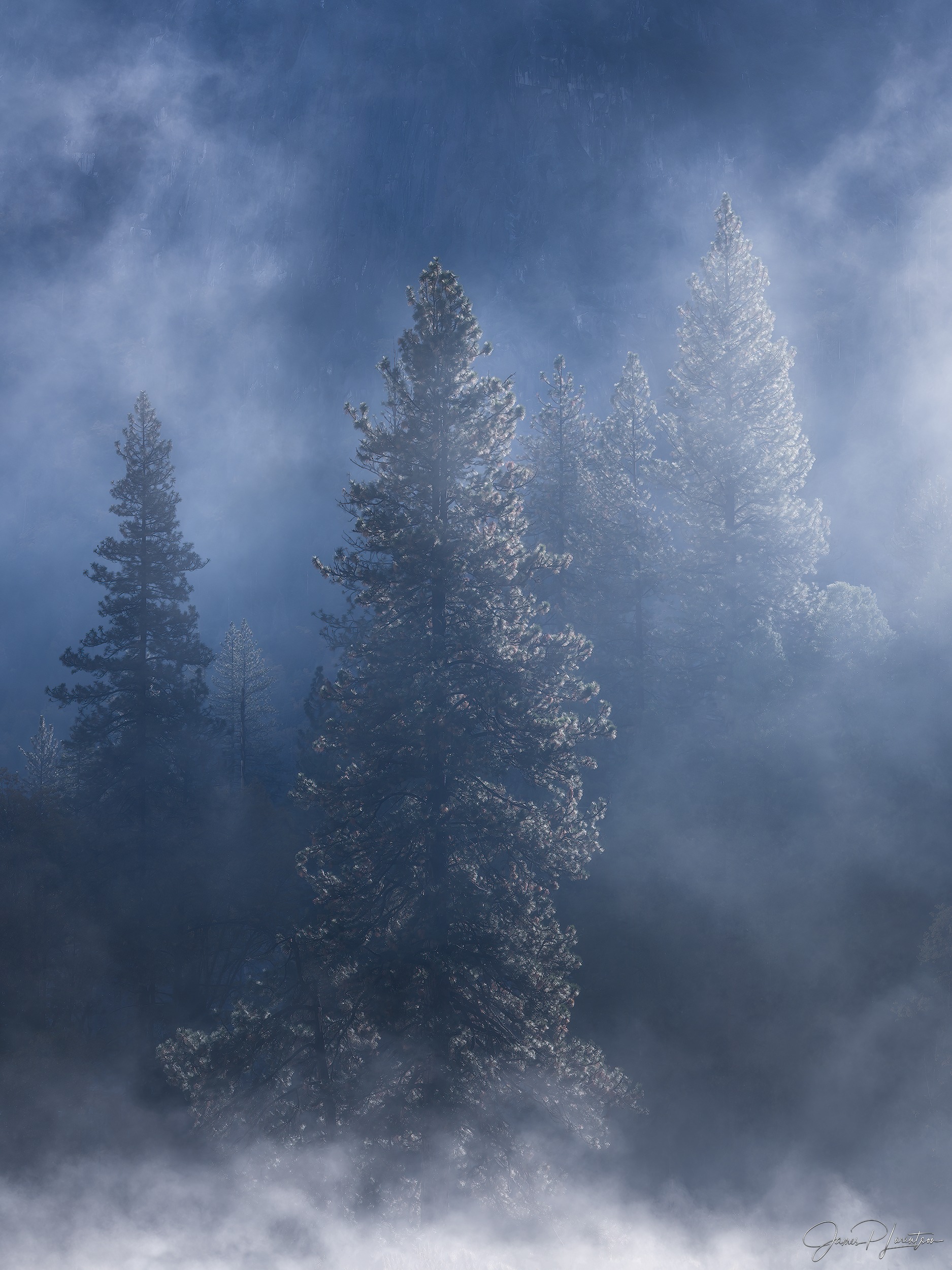 Morning fog lifting through Yosemite Valley granite walls.