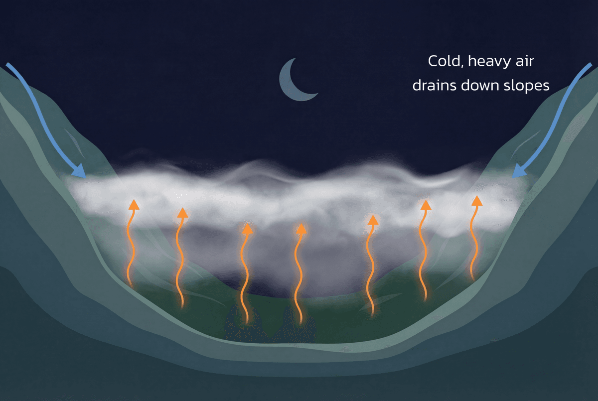 Valley fog formation diagram