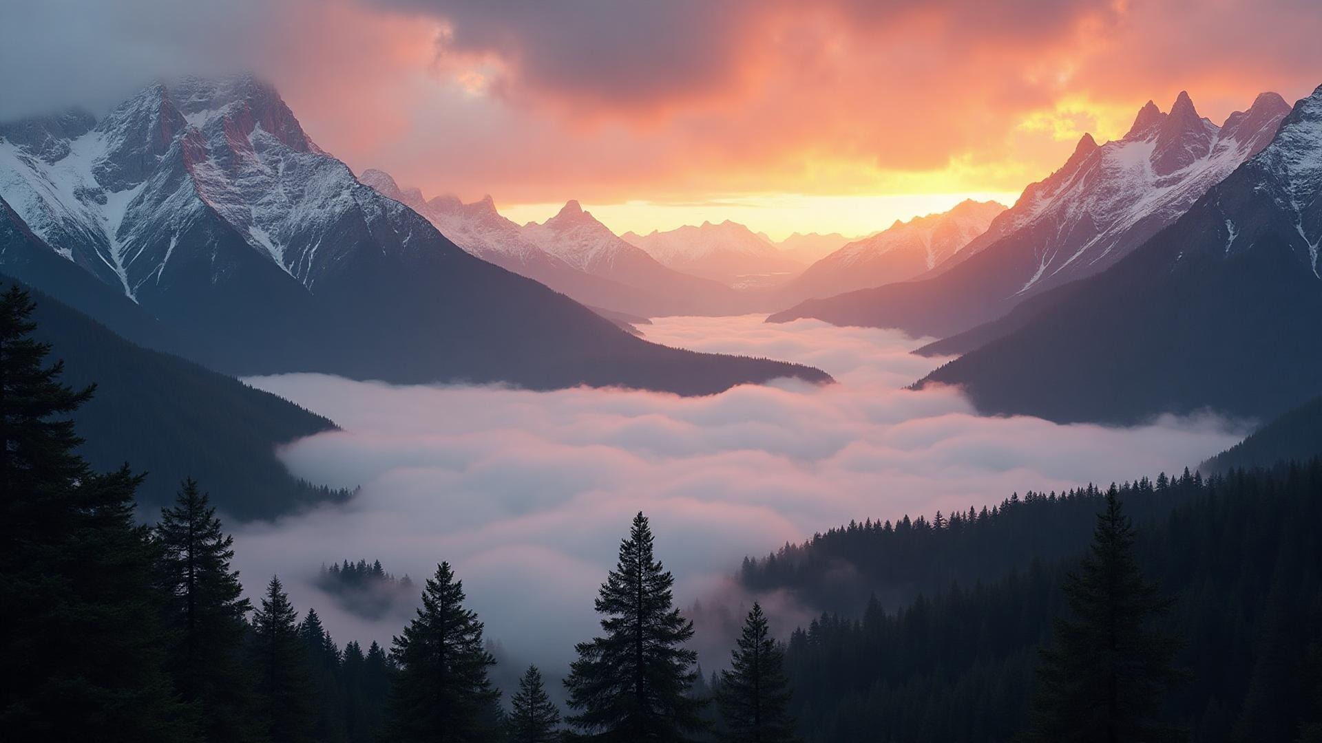 Fog rolling through a forested landscape